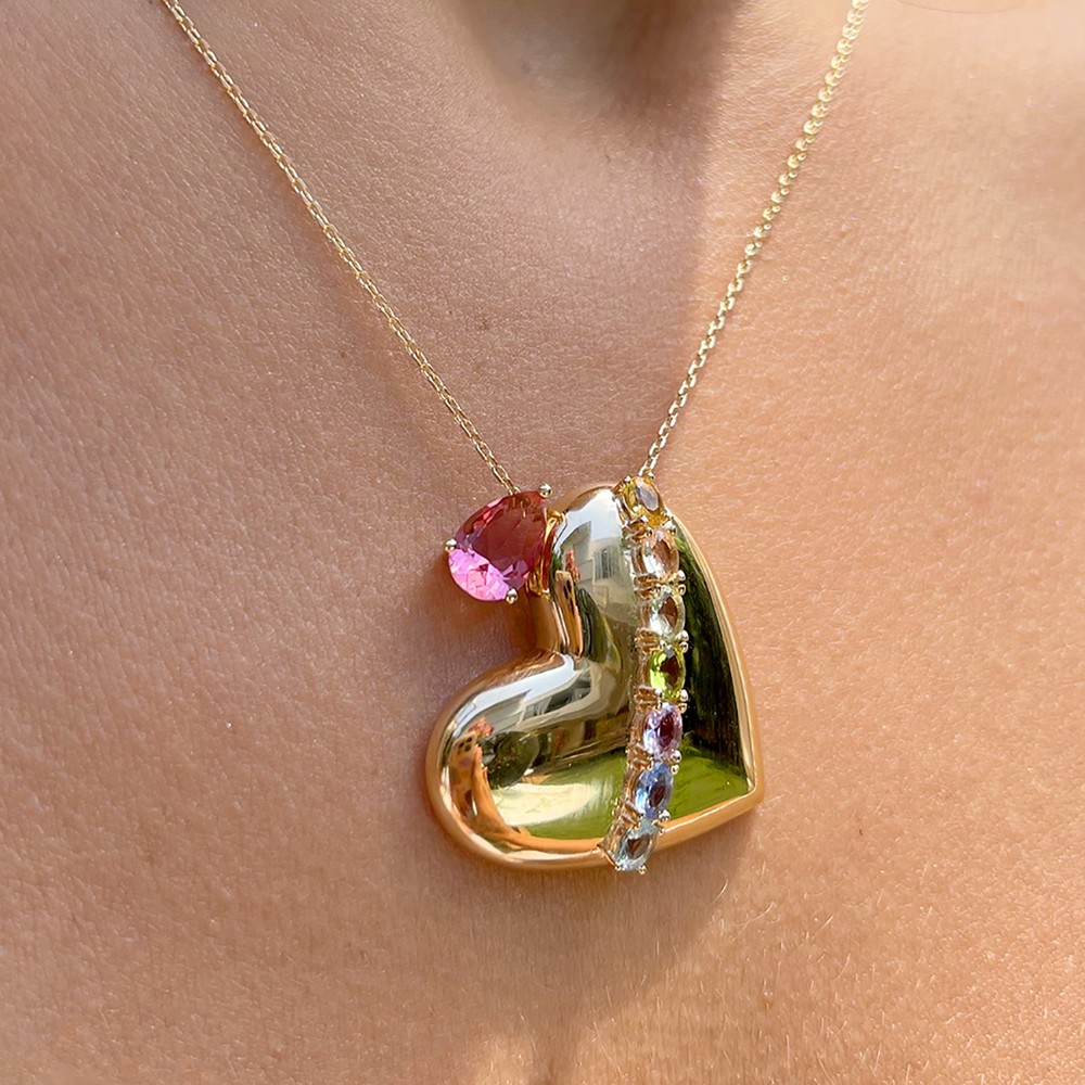 Imagem do produto Colar com Turmalina Rosa Gota com Coração Cravejado Folheado a Ouro 18k