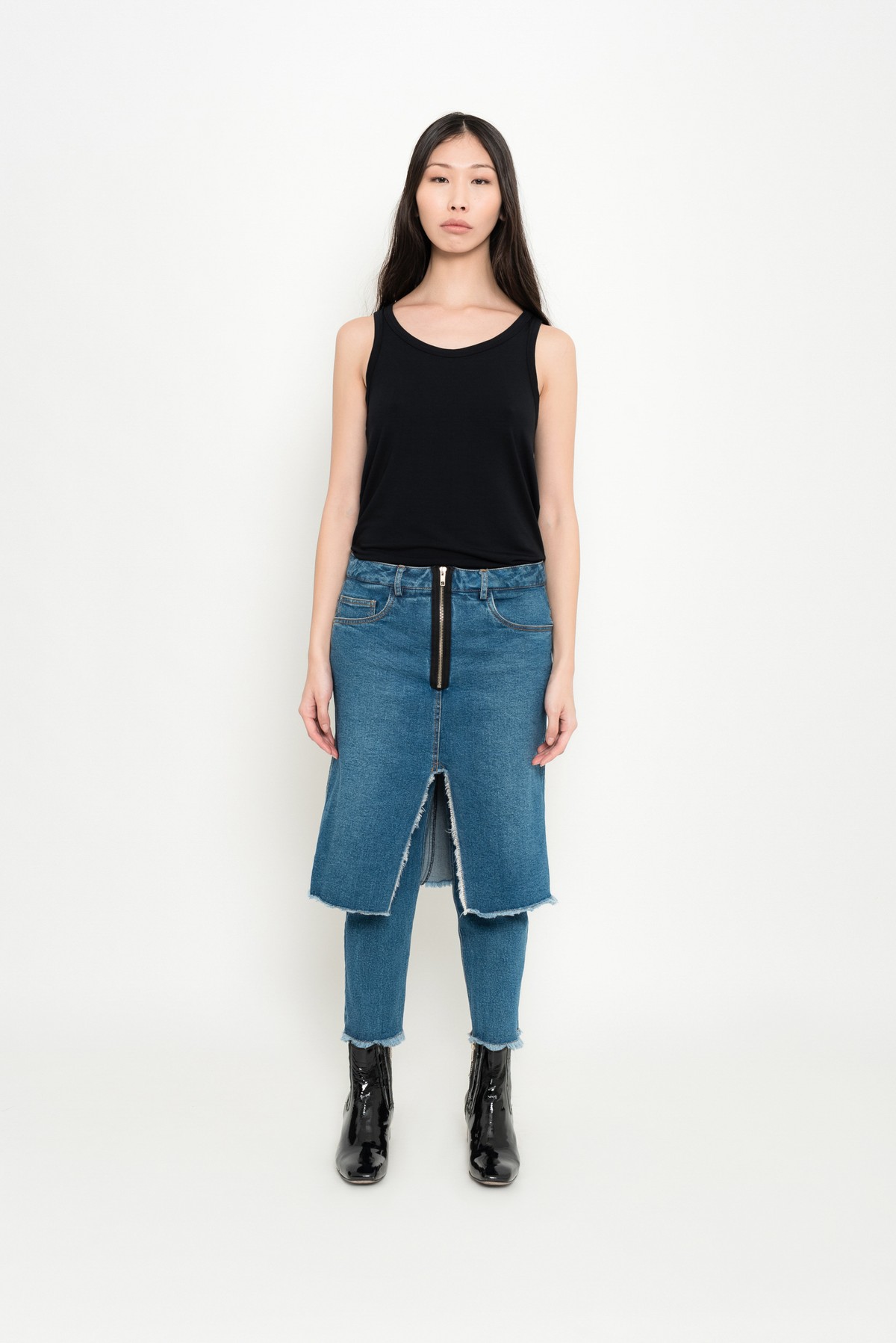 calça jeans ecológico com sobreposição | eco denim five-pocket overlapped pants