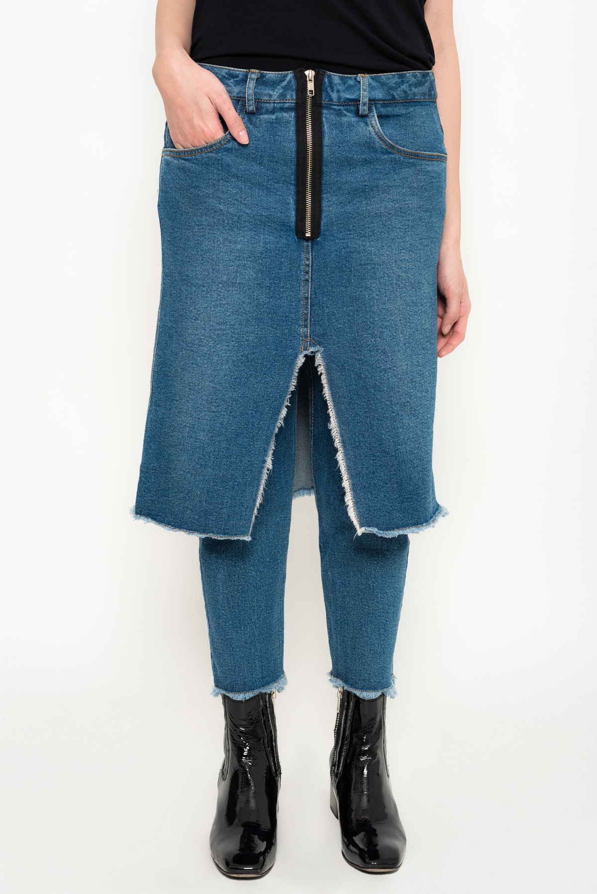 calça jeans ecológico com sobreposição | eco denim five-pocket overlapped pants