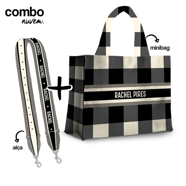 Foto do produto combo minibag + alça removível coleção fashion - xadrez vichy cinza-creme