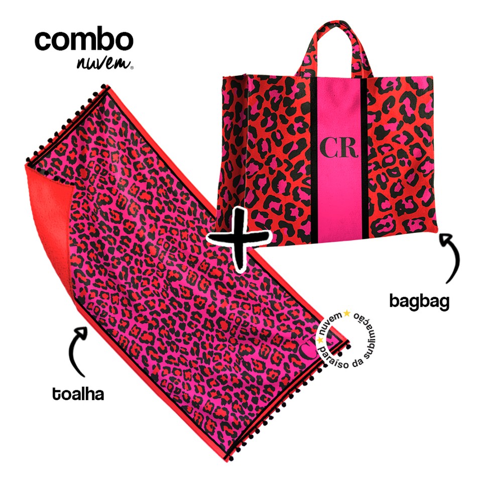 combo toalha canga + bagbag - animal print colorido rosa-vermelho