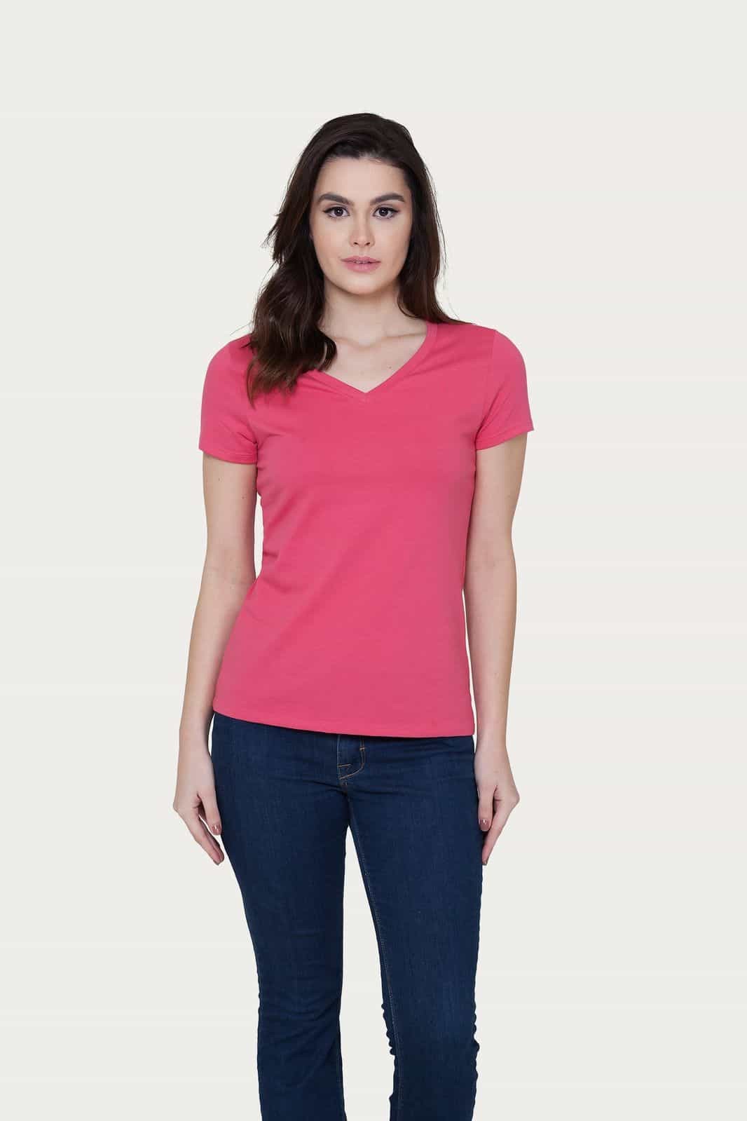 Camiseta Básica Feminina Algodão Premium Slim Fit Decote V Rosa